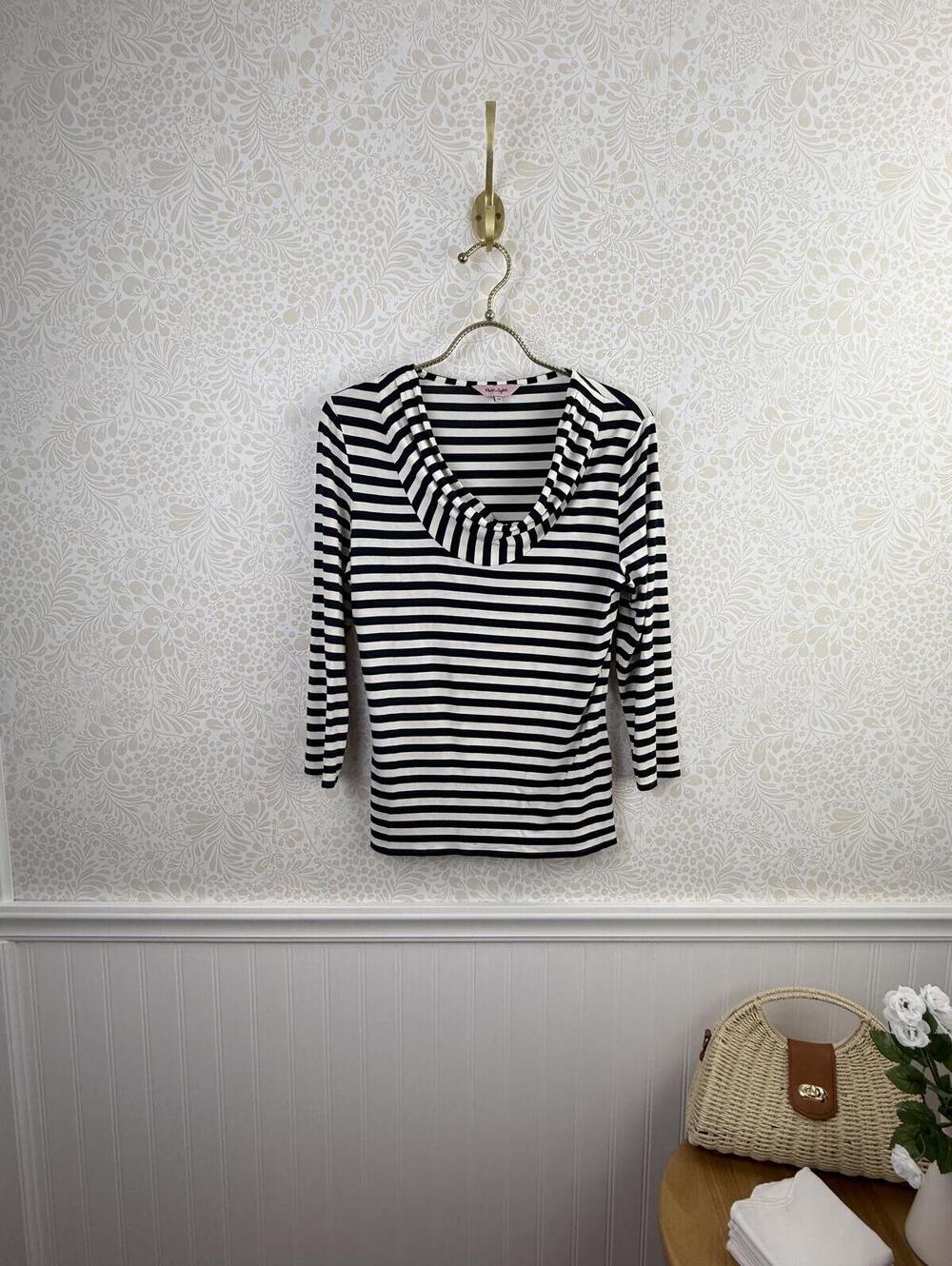 Phase Eight Carrie Navy & White Cowl Neck 3/4 Sleeve Jersey Top - Size - 10